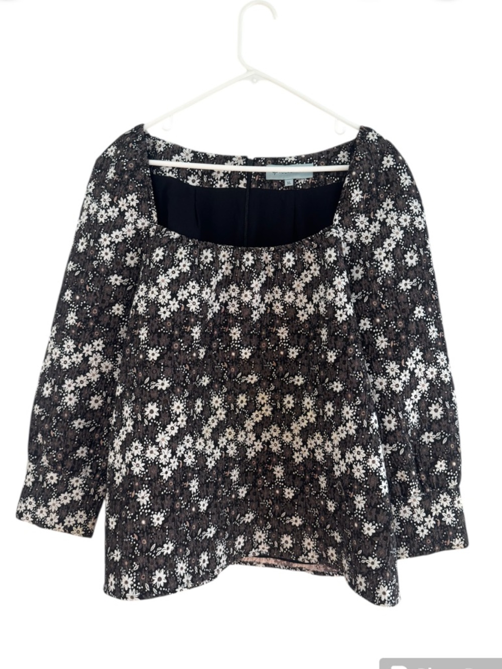 Tuckernuck Floral Jacquard Elsie Square Neck Top Blouse Black White Flowers XL